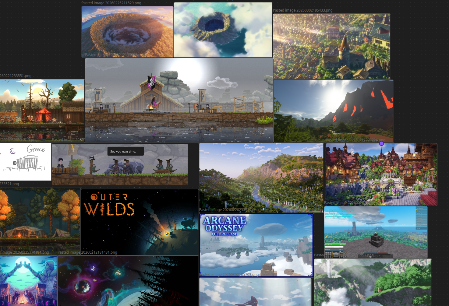 A vision board filled with images of beautiful landscapes and scenery from different games.