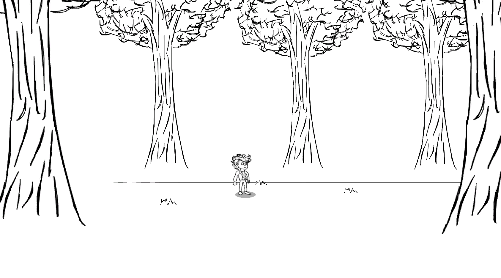 A 3D environment with 2D sprites, including a few trees and a curly haired, chibi-esque player sprite.