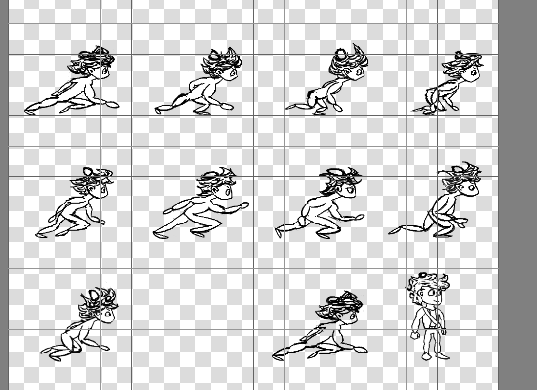 A series of pictures showcasing my progression of drawing a running animation for the player