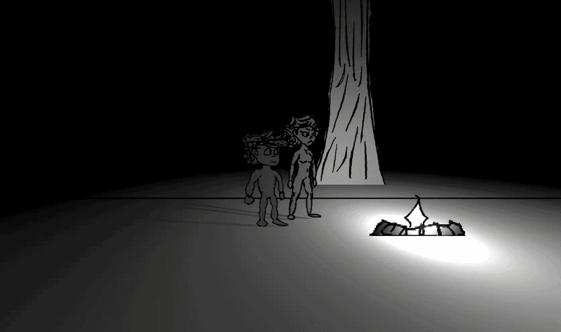 Jay running in the nighttime to the campfire, going infront of it, and turning black.