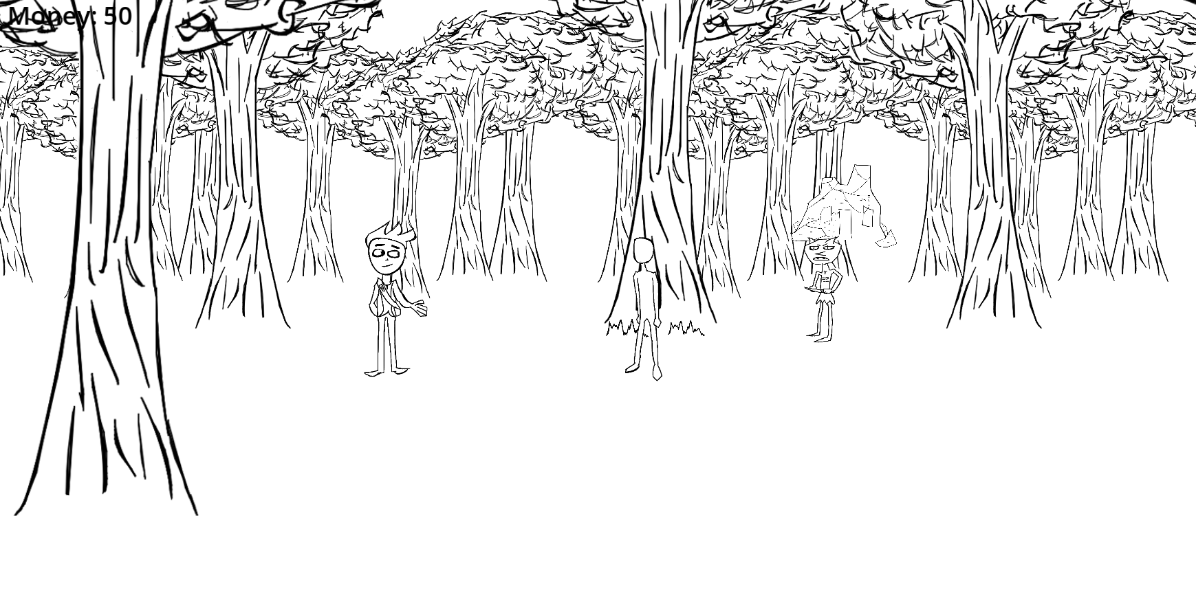 A sketched out forest with an ambiguous player form, Jay, and a goblin with a house on his head
