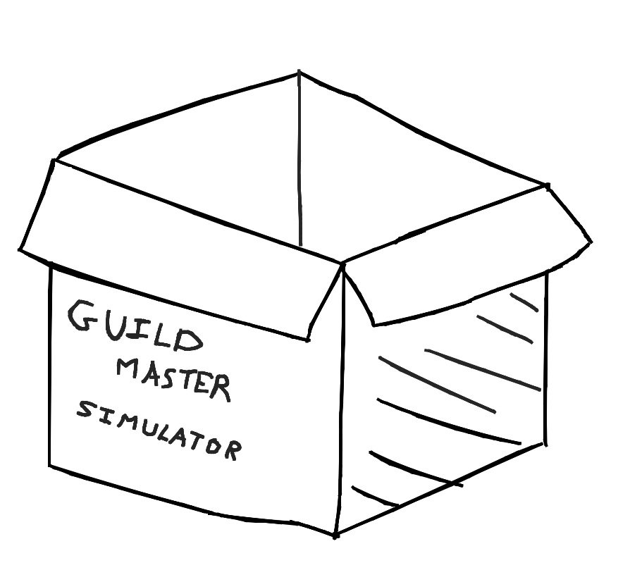A cardboard box labelled 'Guildmaster Simulator'